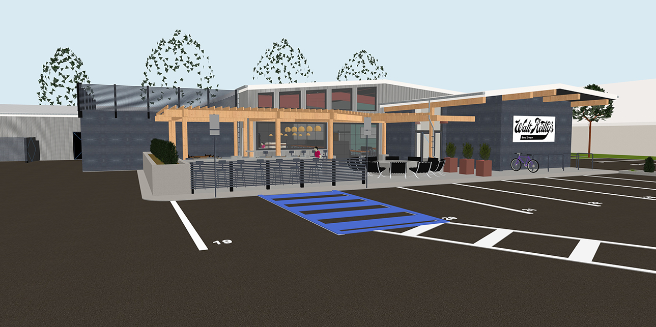 A rendering of the exterior of the building: signage, a covered patio, and fire pits can be seen
